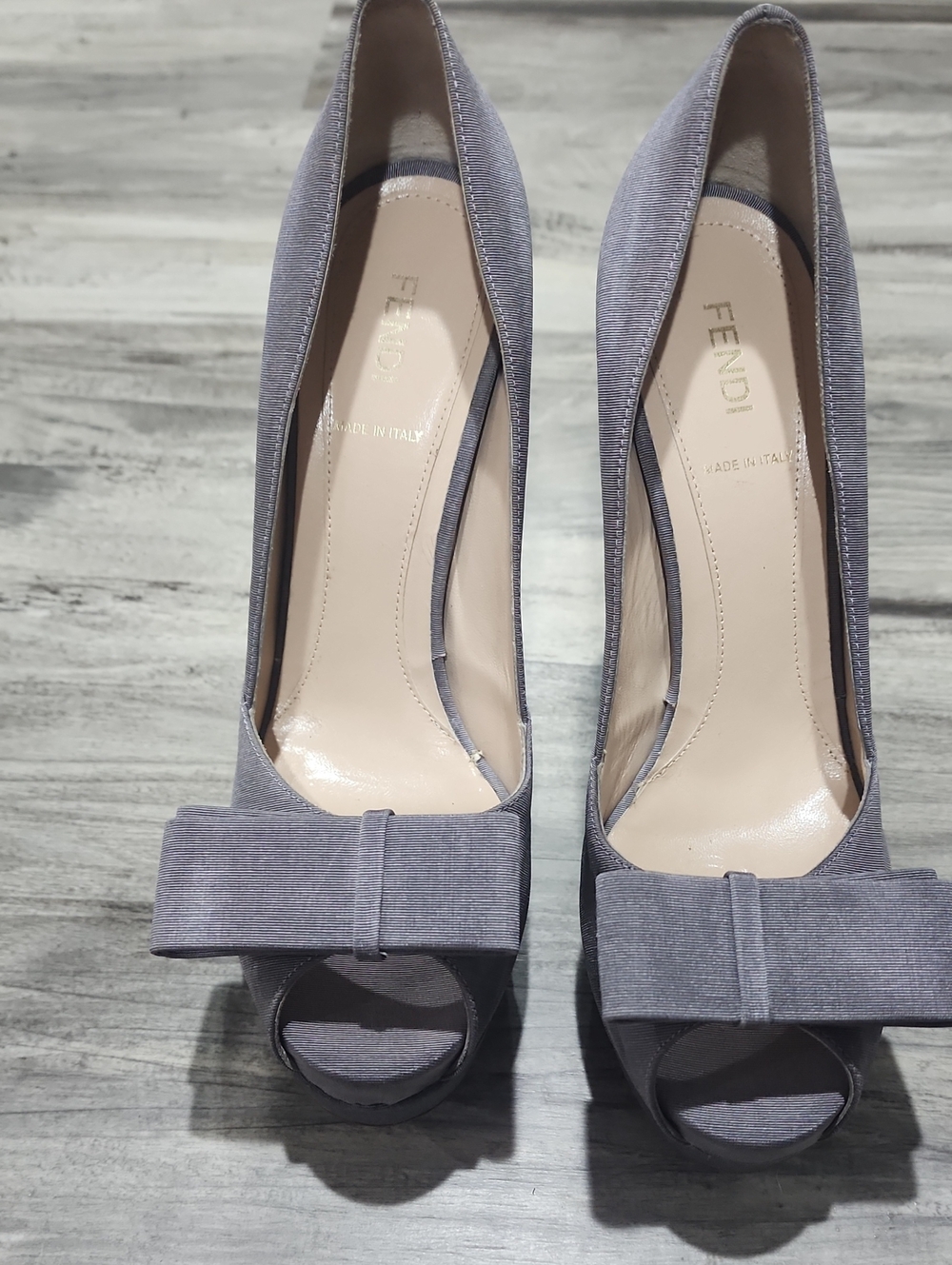 Fendi Lavender Gray Peep-Toe Heels with Front Bow